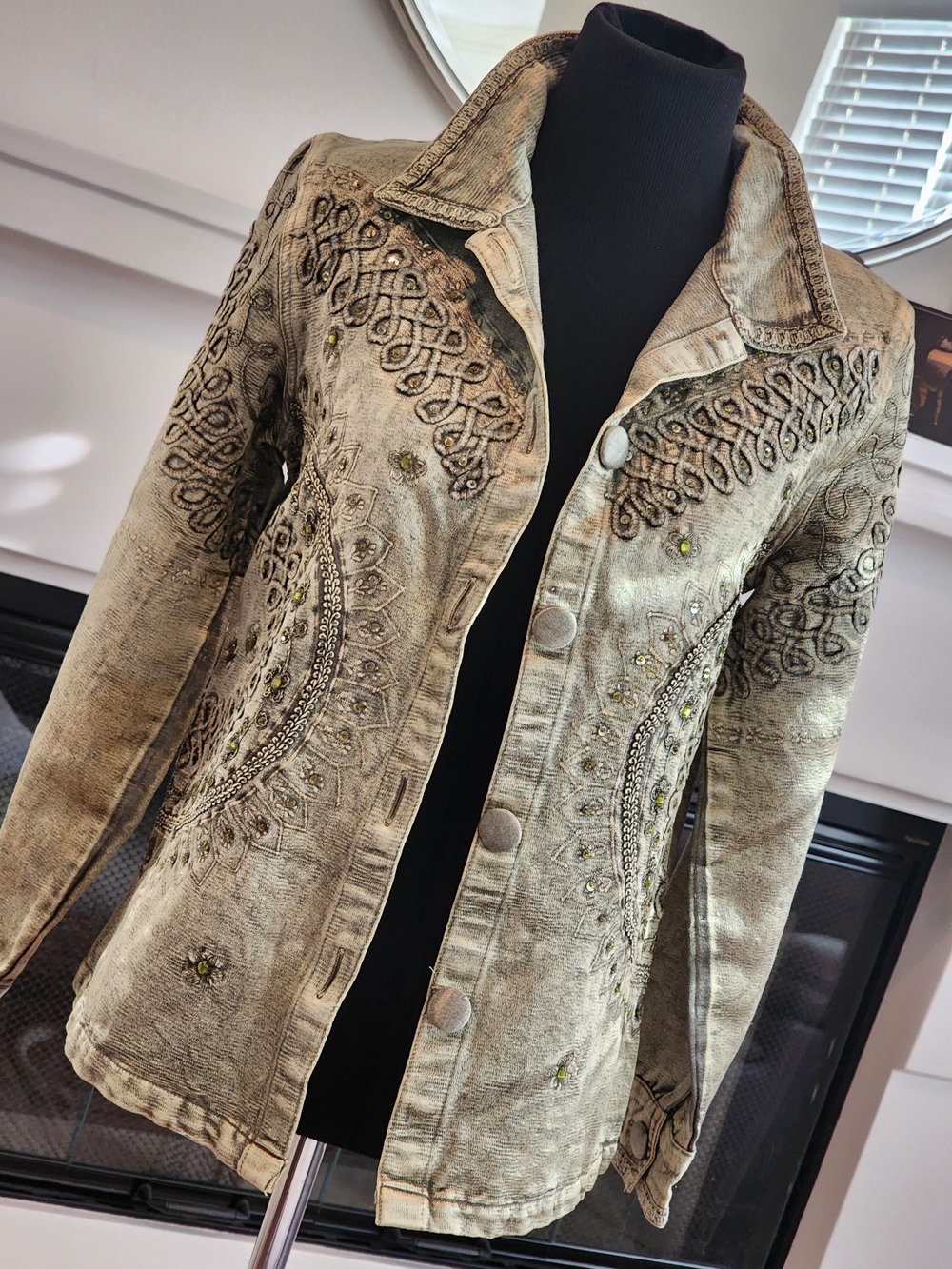 Embroidered Olive Button-Down Shirt Jacket for Women — Decorative Stitch Detail